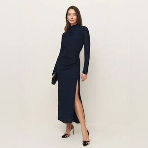 NWT Reformation Tilda High Mock Neck Long Sleeve Slit Maxi Dress Gown Navy Blue